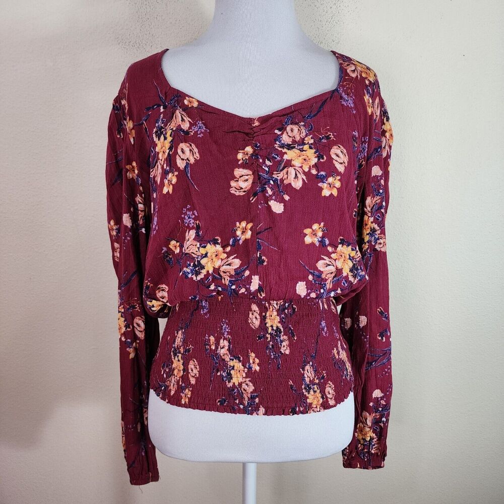 Maurices Women's Burgundy Long Sleeve Rayon V neck Blouse Shirt Size Small